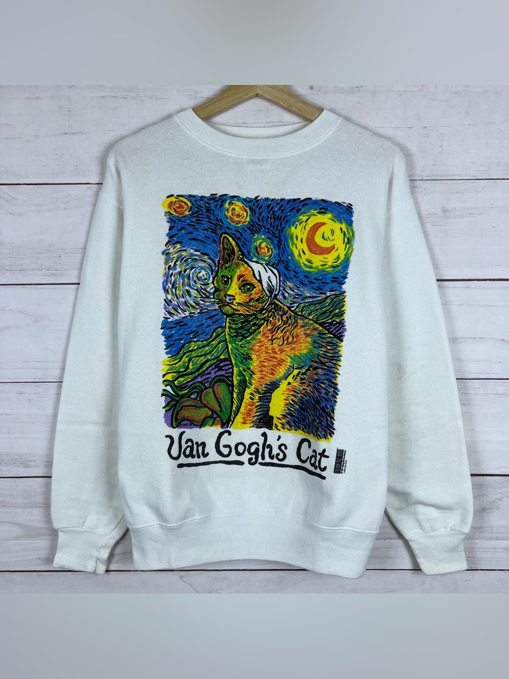 Vintage Van Gogh Cat Sweatshirt Crewneck Pullover Graphic Art USA 90s Medium